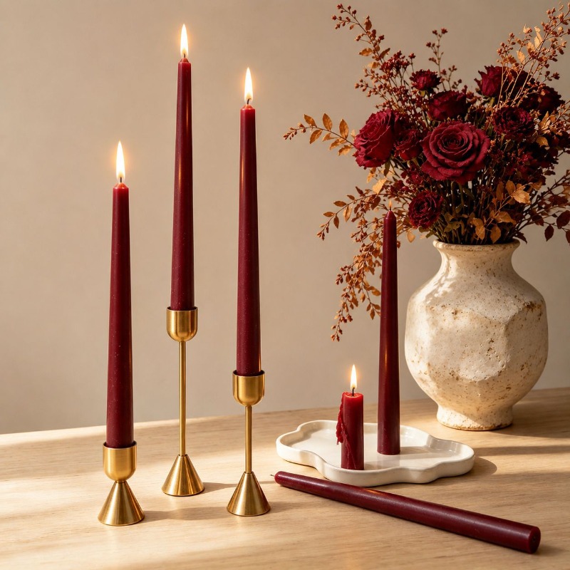 Soy Wax - Burgundy Taper Candles, Long Stem Smokeless